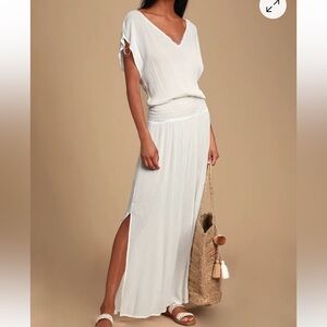 NWT LULUS LA OLA WHITE BEADED SHEER MAXI KAFTAN COVER UP DRESS SZ XS